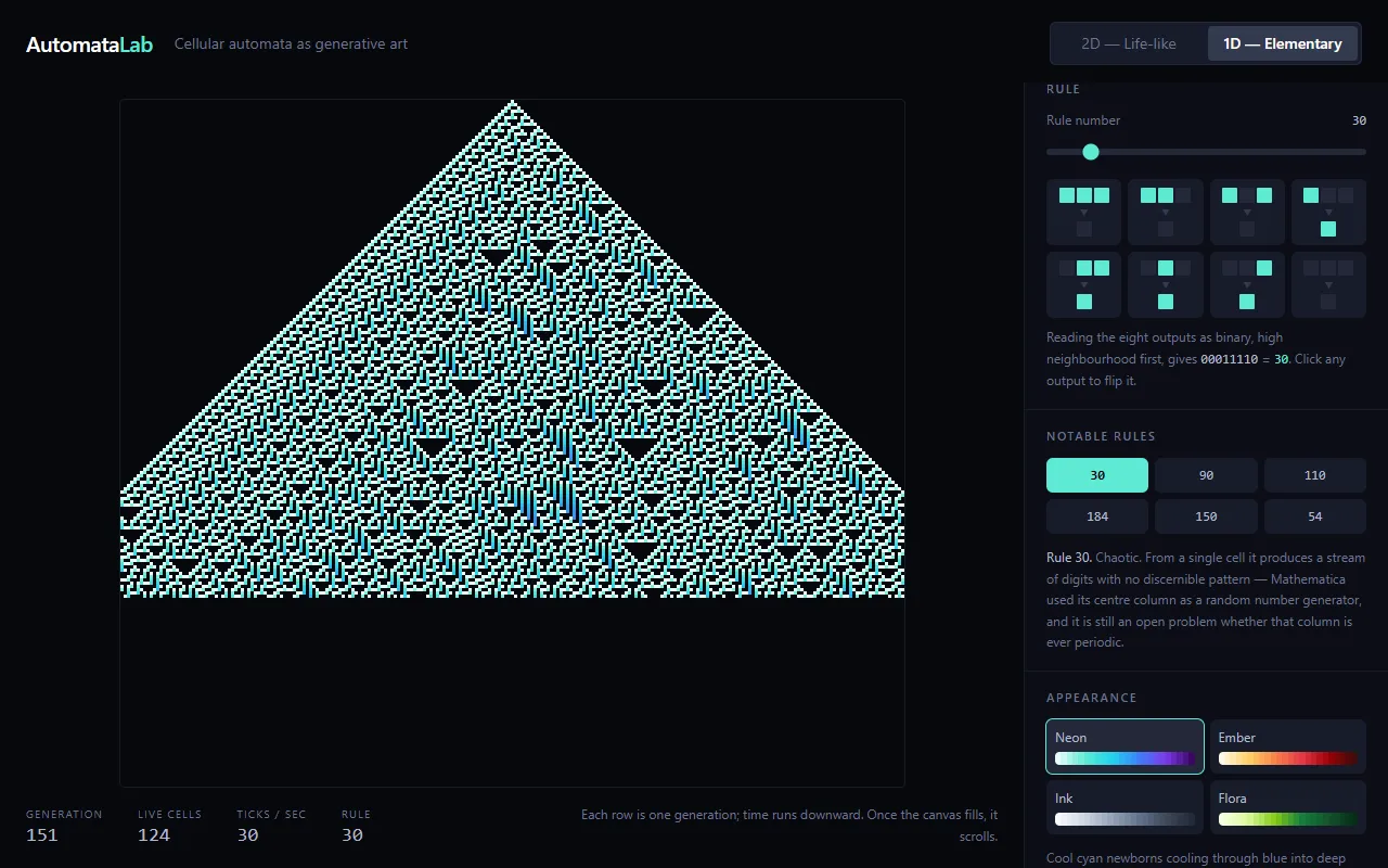 AutomataLab drawing elementary cellular automaton Rule 30 from a single cell.