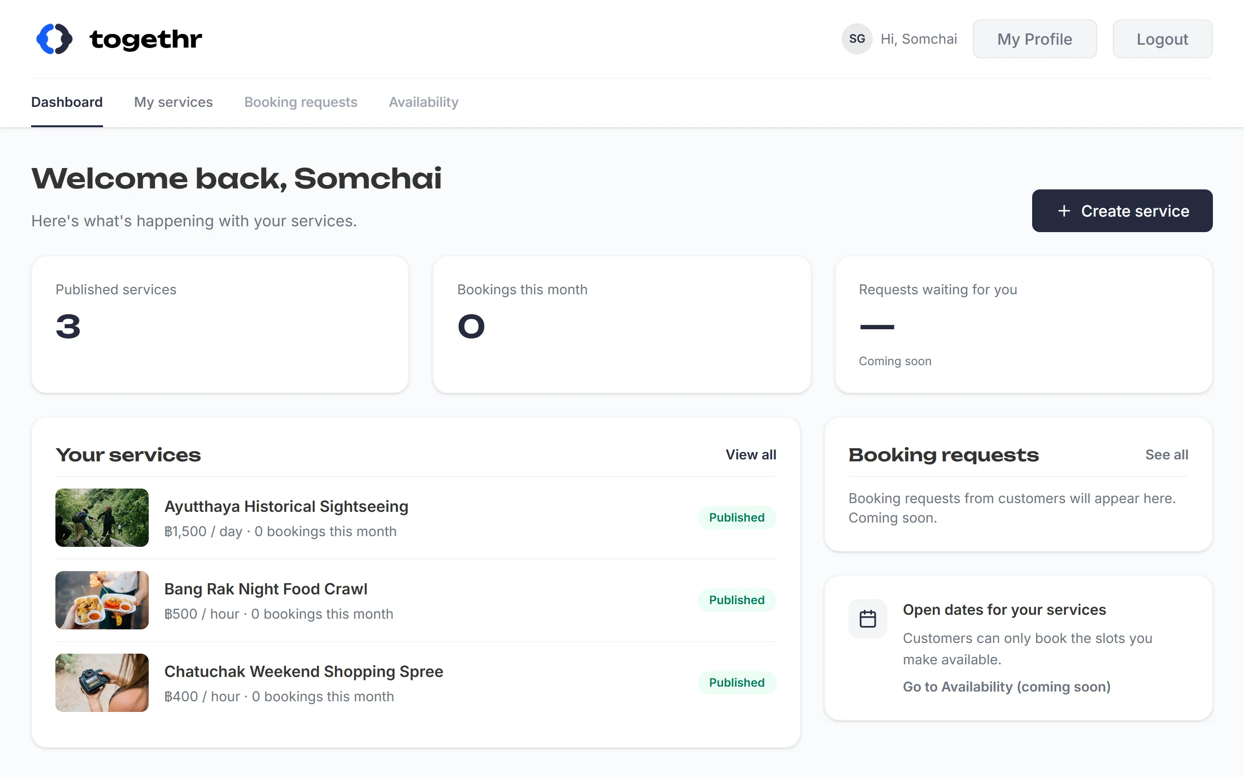 Togethr provider dashboard: counts of published services and bookings this month, a Create service button, and the provider's list of published services.