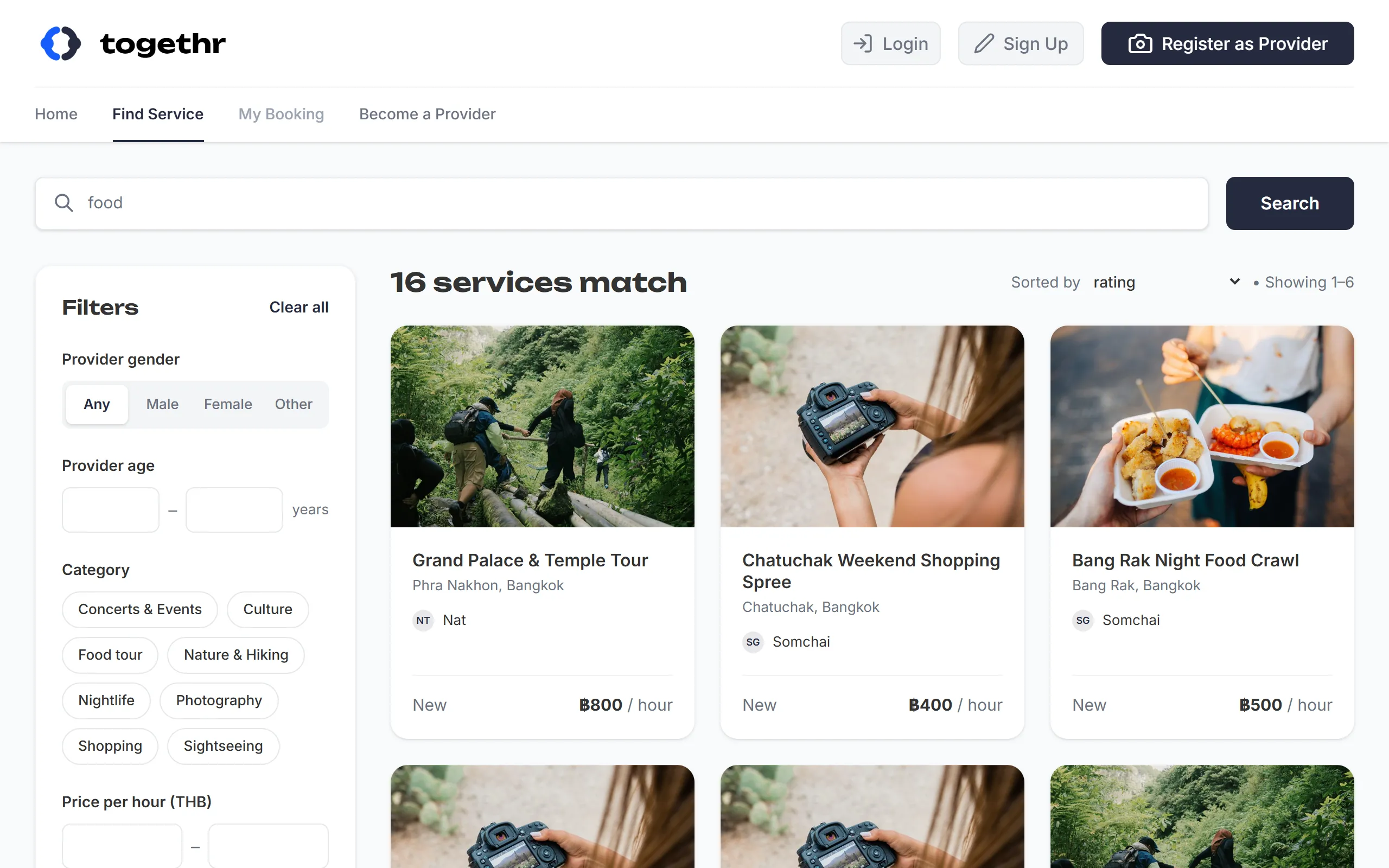 Togethr search page: a filter panel for provider gender, age, category and price beside a grid of matching service cards with prices per hour.